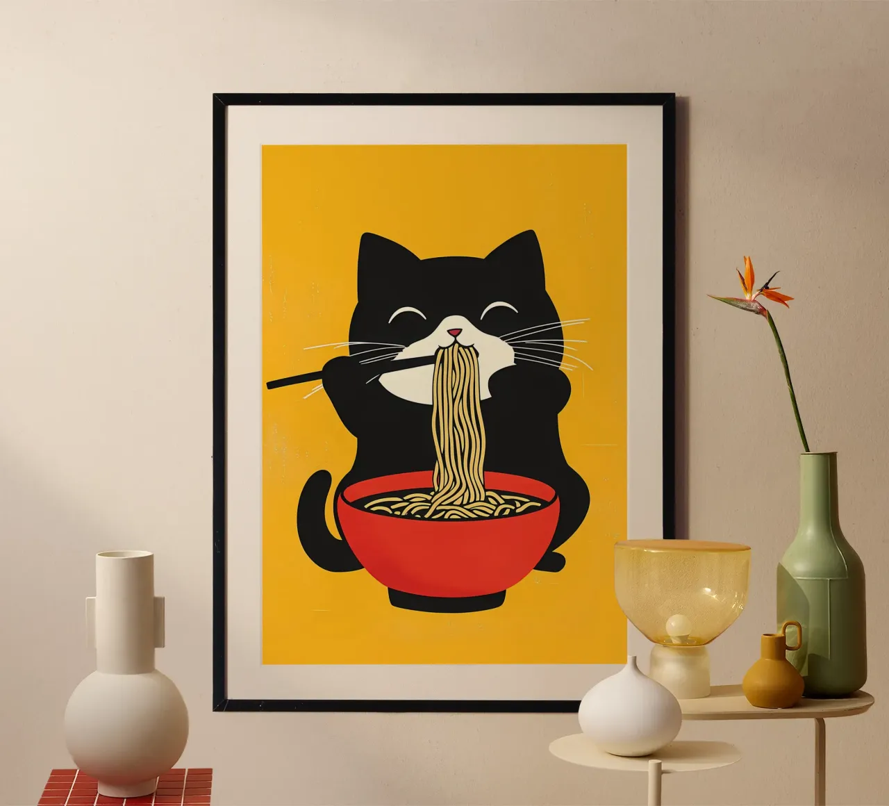 Chat mangeant des ramen poster avec cadre en aluminium de Bartosz Powalka