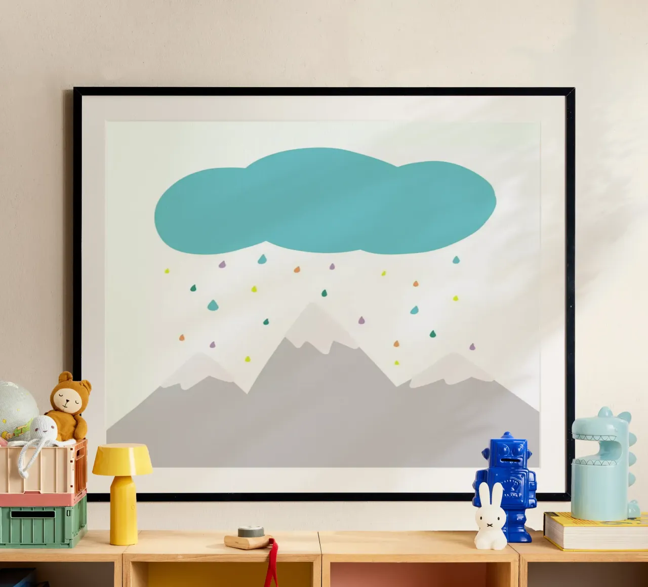 Pioggia colorata poster con telaio in alluminio da Mia Nissen