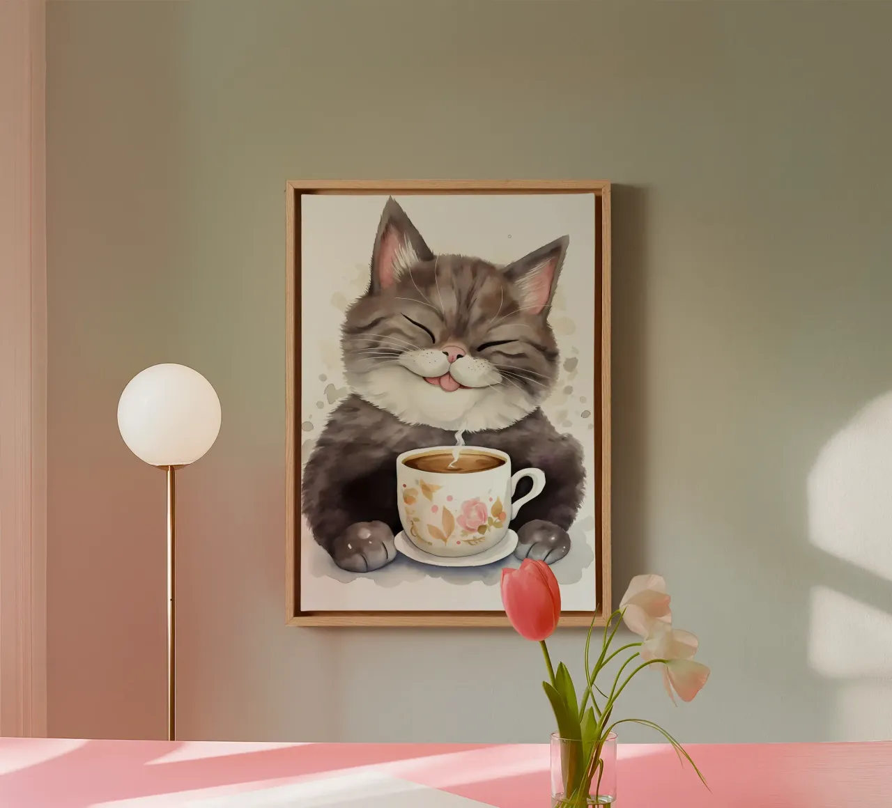 gatto con caffè tela con Cornice a cassetta da Bartosz Powalka