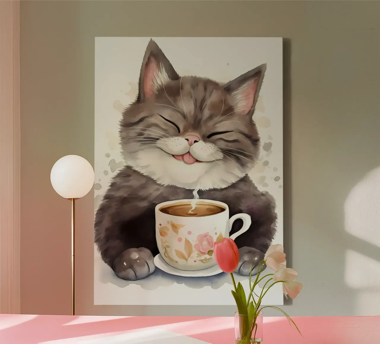 gatto con caffè tela con Cornice a cassetta da Bartosz Powalka