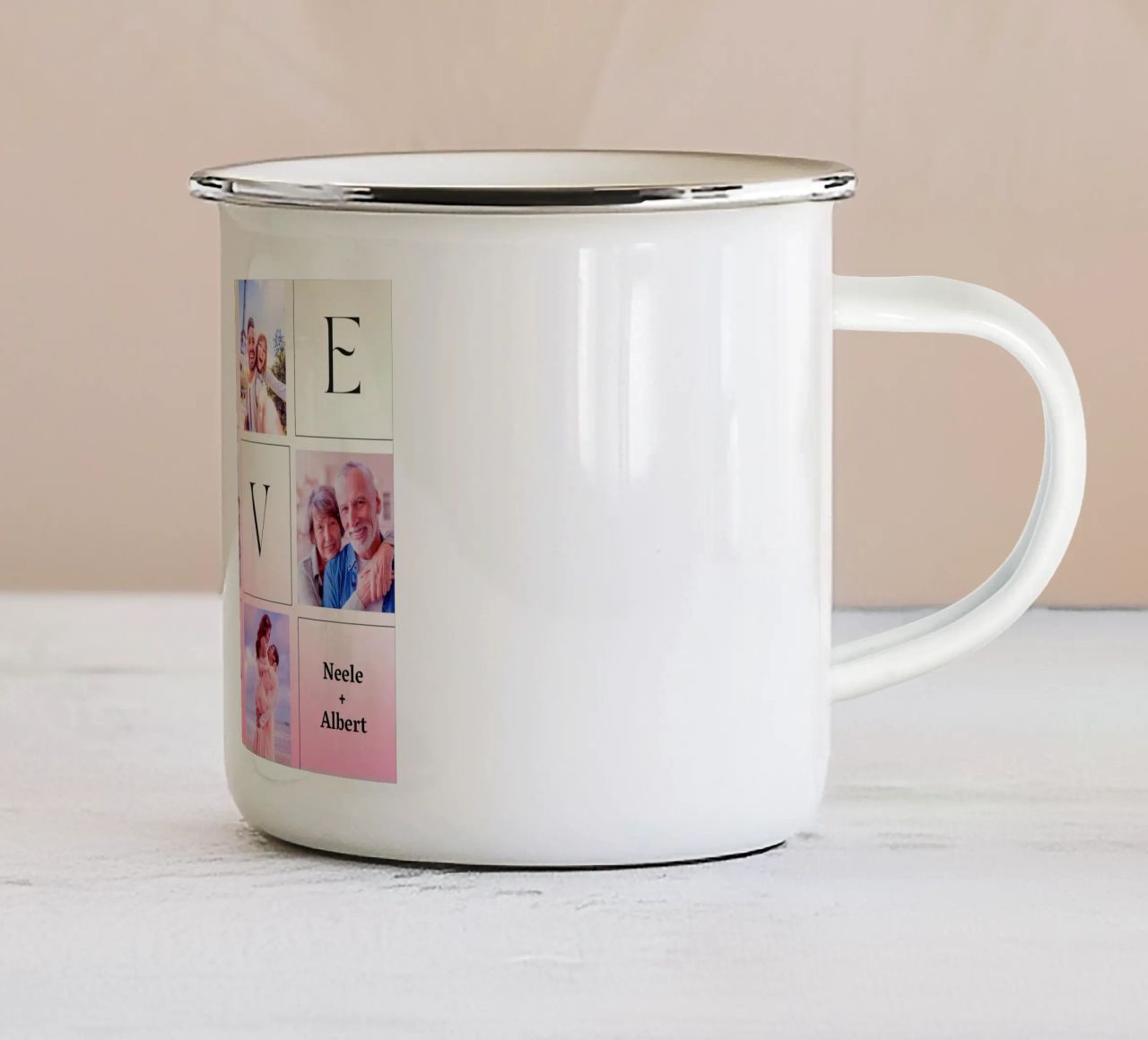LOVE collage met datum & namen - romantisch & gepersonaliseerd emaille mok van FRAMELY