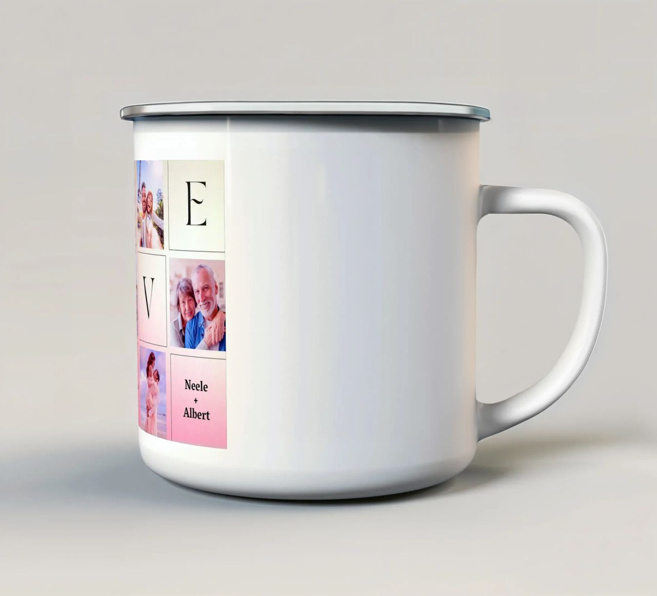 LOVE collage met datum & namen - romantisch & gepersonaliseerd emaille mok van FRAMELY