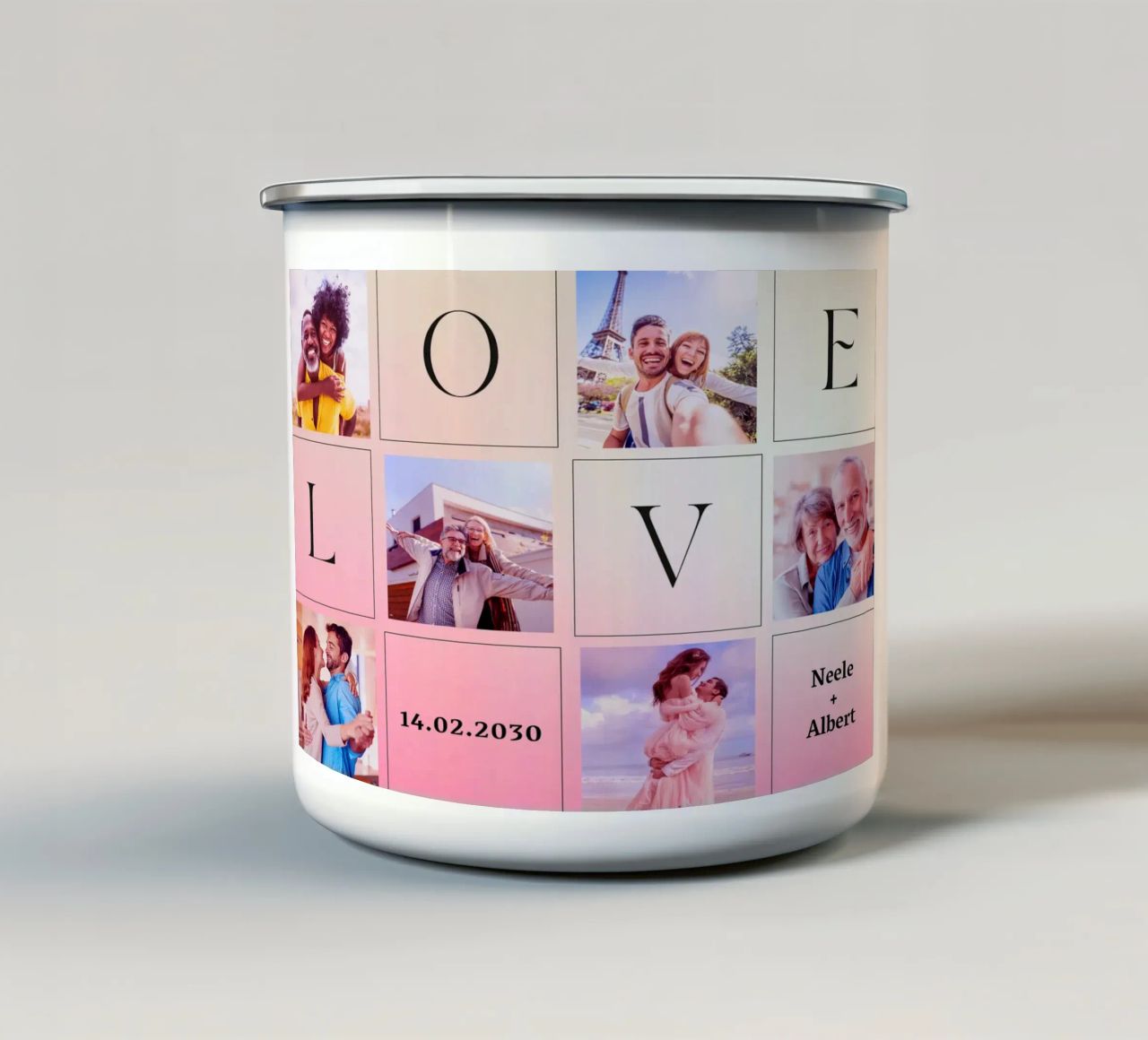 LOVE collage met datum & namen - romantisch & gepersonaliseerd emaille mok van FRAMELY