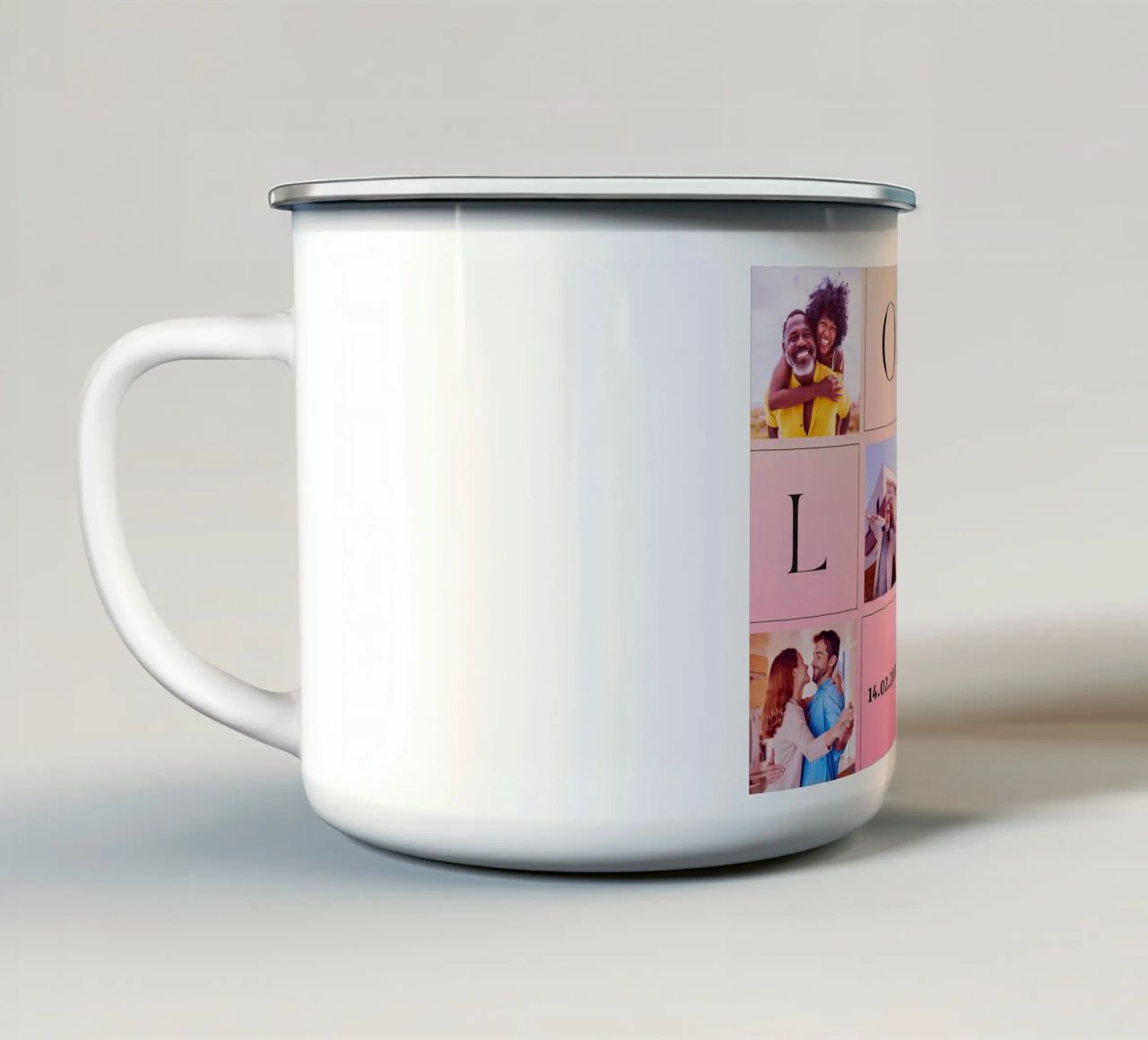 LOVE collage met datum & namen - romantisch & gepersonaliseerd emaille mok van FRAMELY