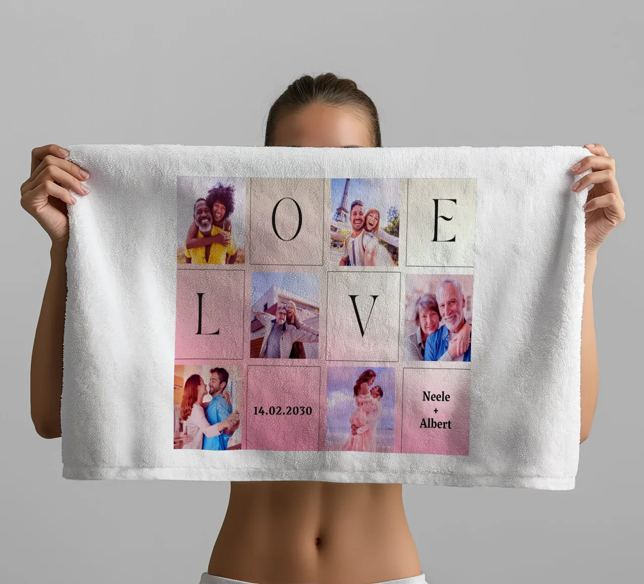 LOVE-Collage mit Datum & Namen – romantisch & personalisiert Handtuch von FRAMELY