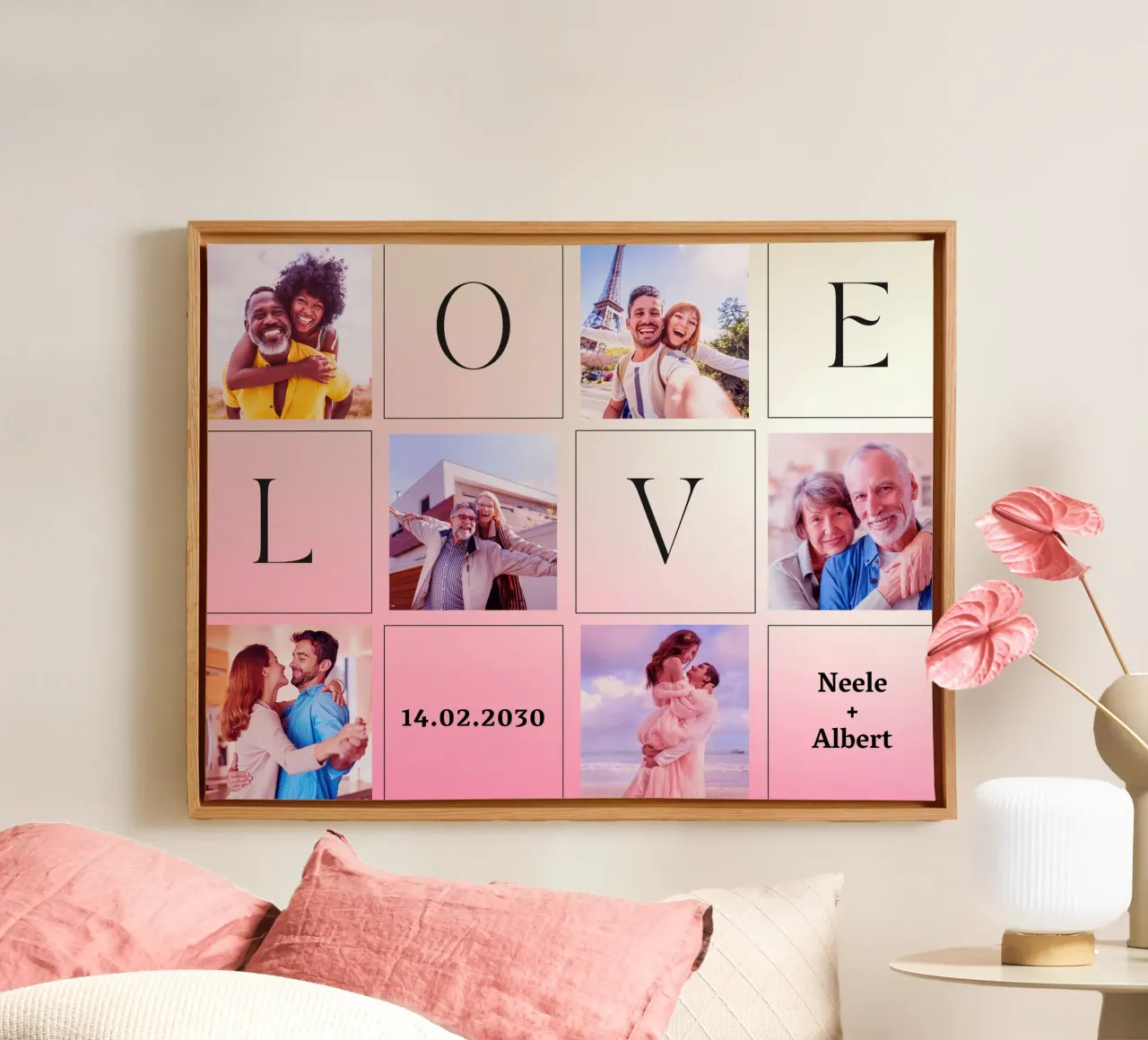 LOVE collage with date & names - romantic & personalised canvas with Floater frame by FRAMELY