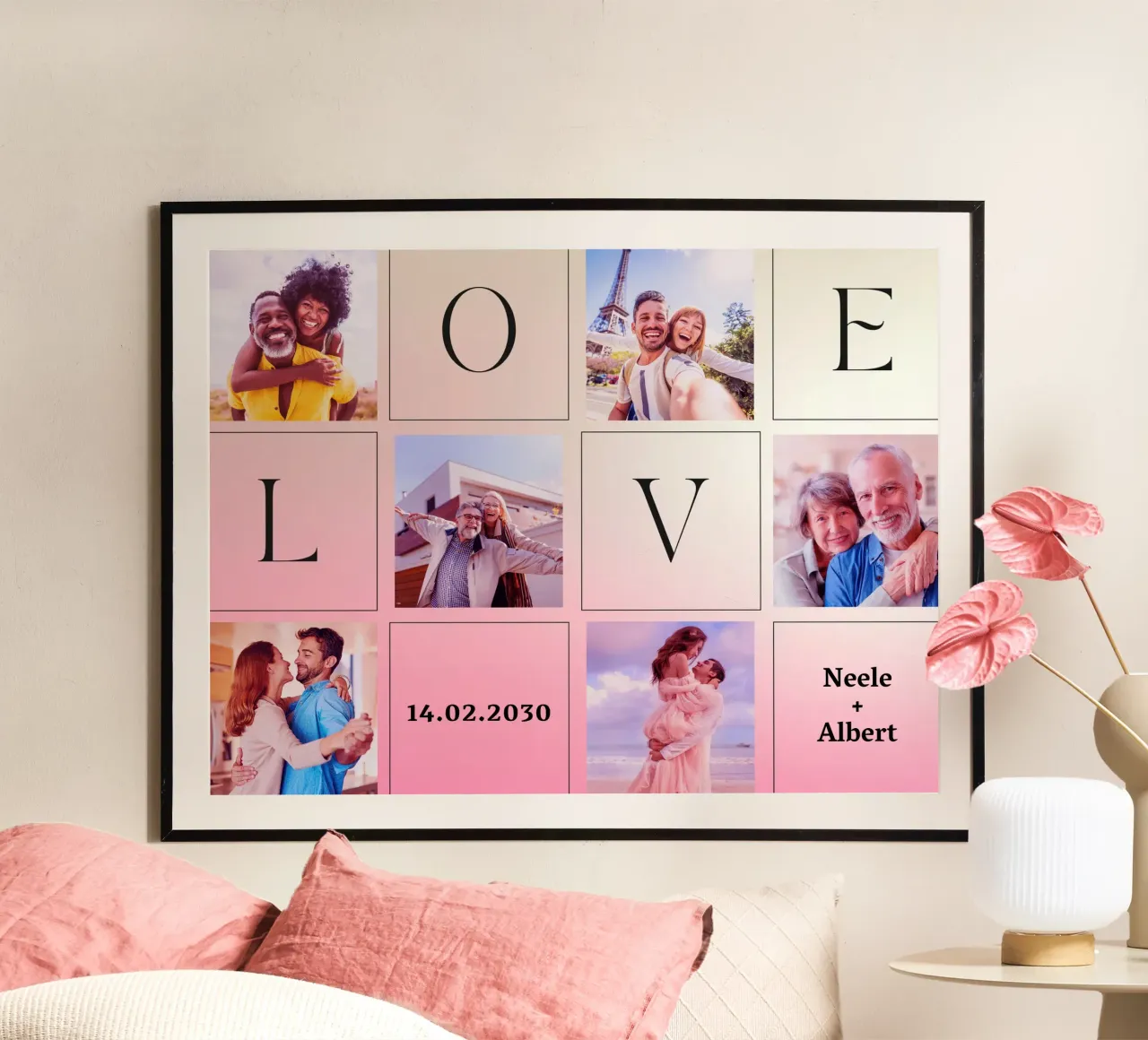 LOVE collage with date & names - romantic & personalised poster with plastic frame by FRAMELY