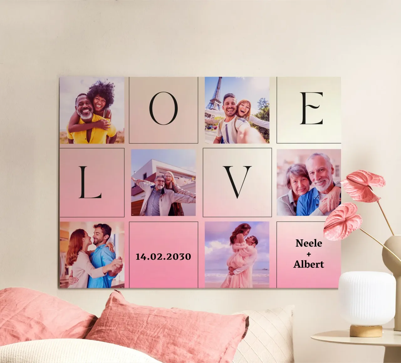 LOVE collage with date & names - romantic & personalised poster with plastic frame by FRAMELY