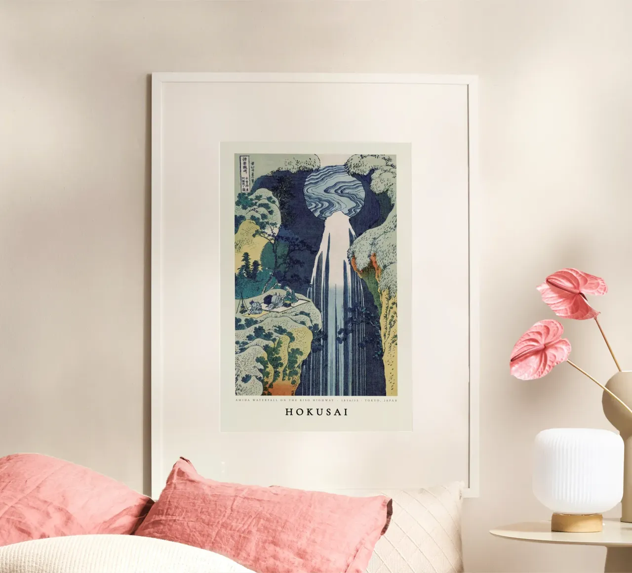 Hokusai - Amida Waterfall on the Kiso Highway poster con telaio in legno da ARTOTHEK