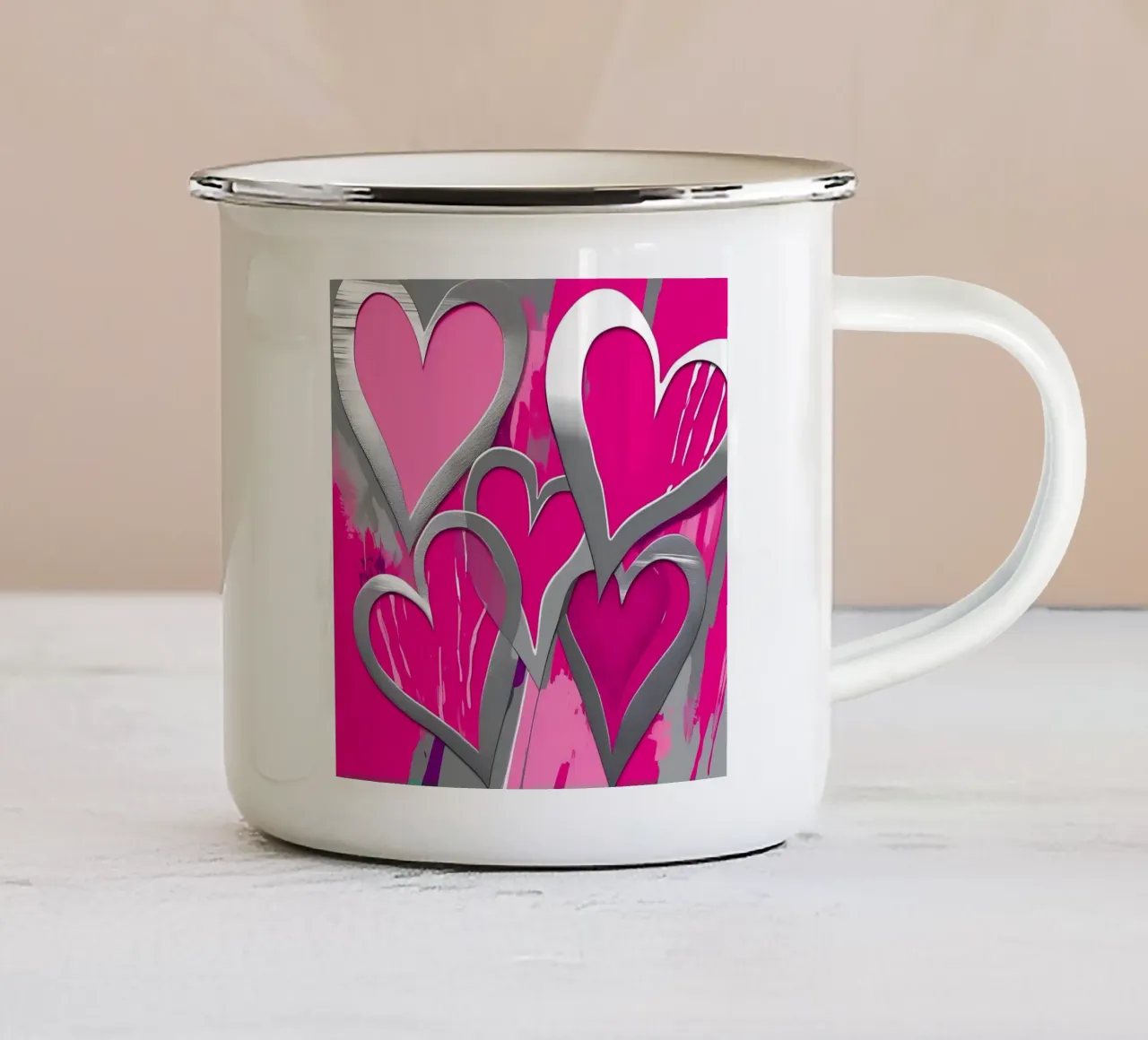 cuori_rosa_argento_1 tazza in smalto da Pink- und LoveArt by LK