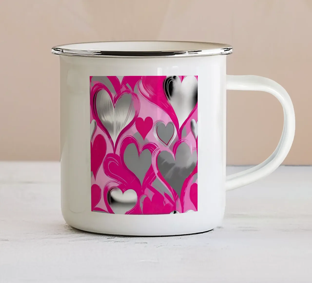 cuori_rosa_argento_2 tazza in smalto da Pink- und LoveArt by LK