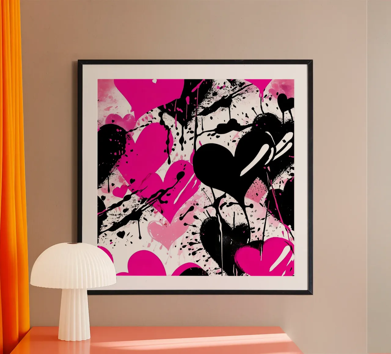 hearts_pink_black_1 poster with wooden frame by Pink- und LoveArt by LK
