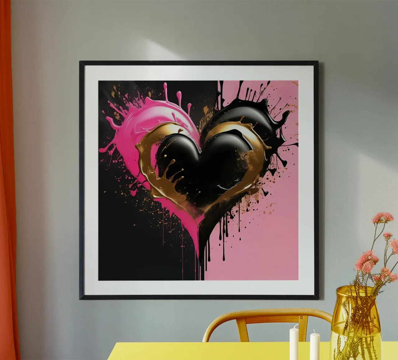 heart_gold_pink_black_1 poster with aluminum frame by Pink- und LoveArt by LK