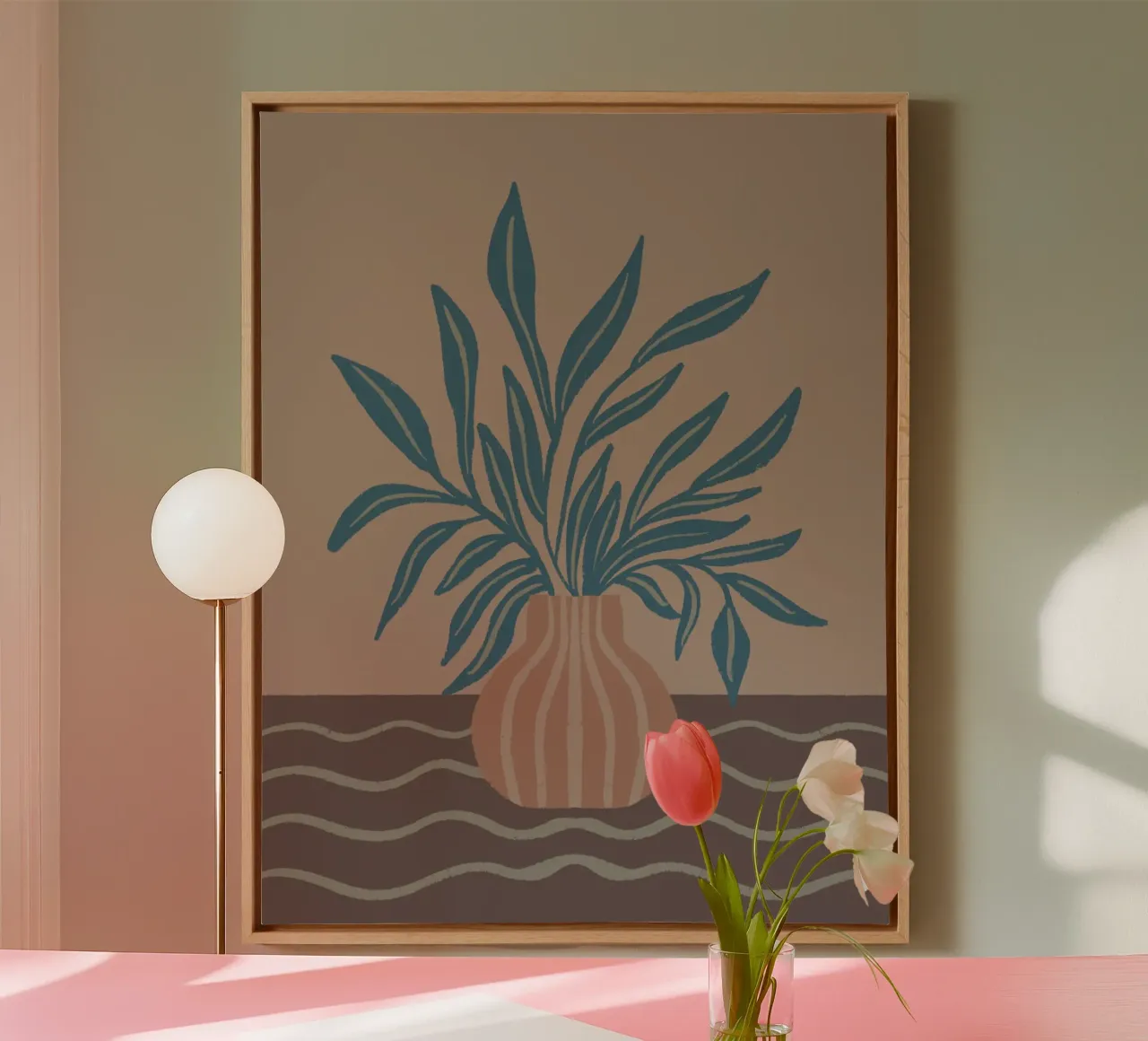 Vaso moderno con foglie tropicali tela con Cornice a cassetta da Wackapacka