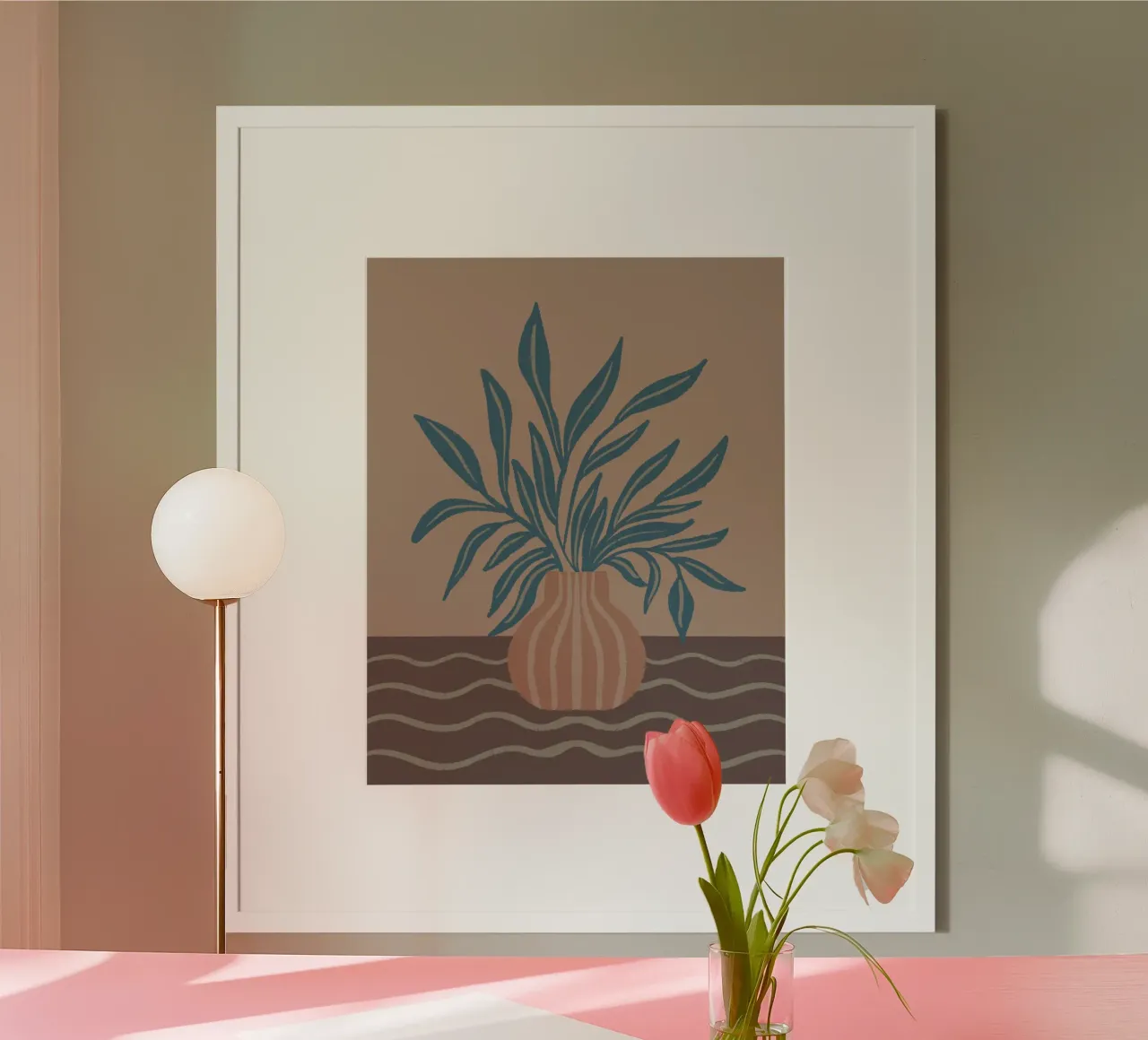 Vaso moderno con foglie tropicali poster con telaio in alluminio da Wackapacka