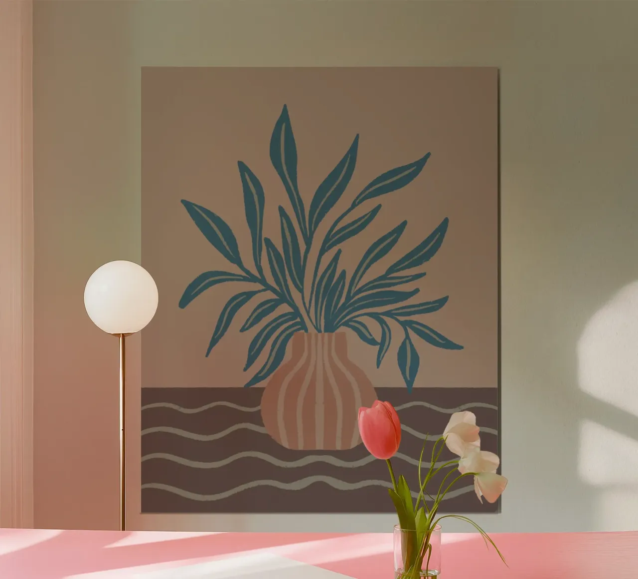 Vaso moderno con foglie tropicali poster con telaio in alluminio da Wackapacka