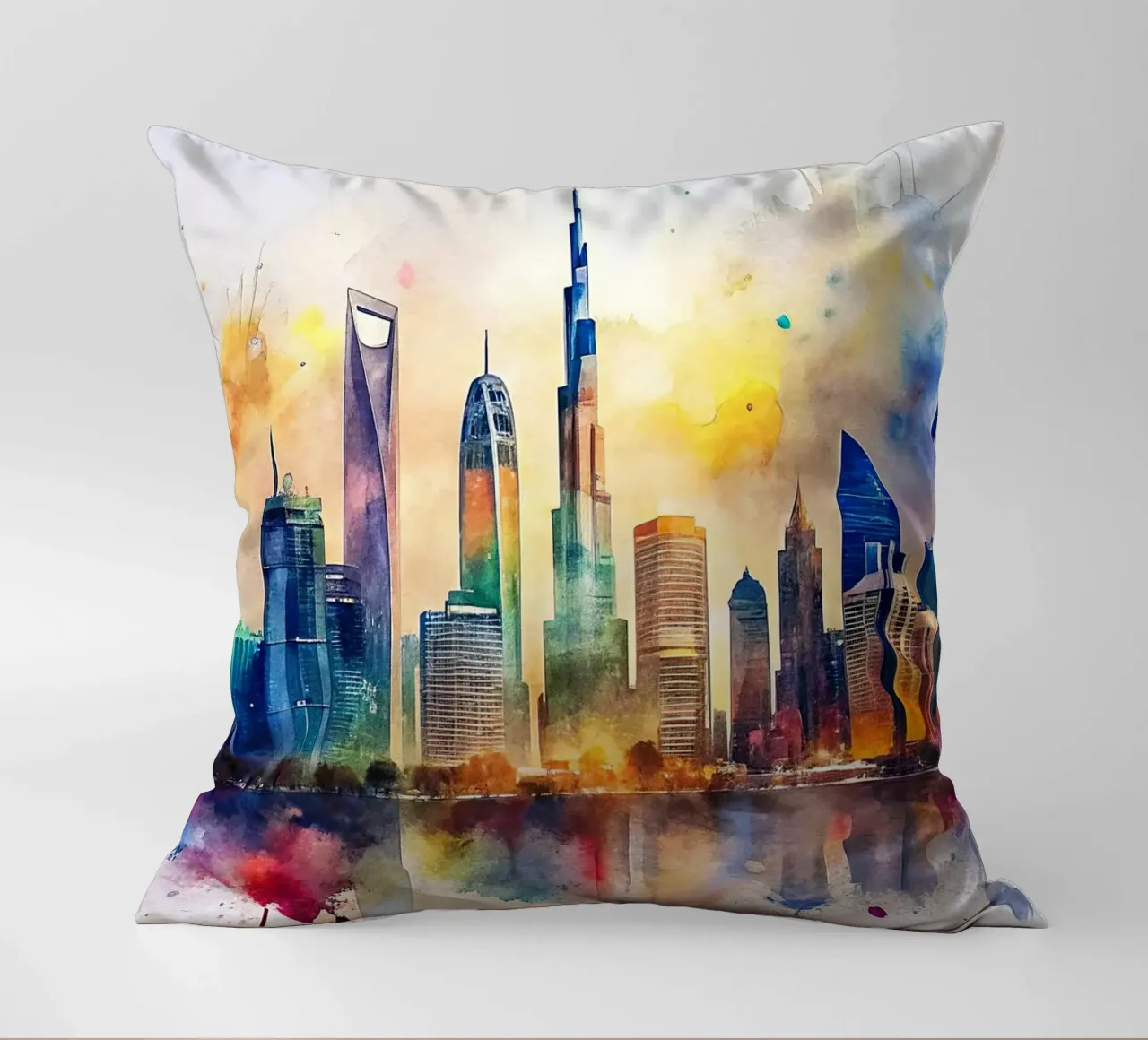 Lo skyline di Dubai in acquerello cuscino da 🎁 ARTVI-SHOP