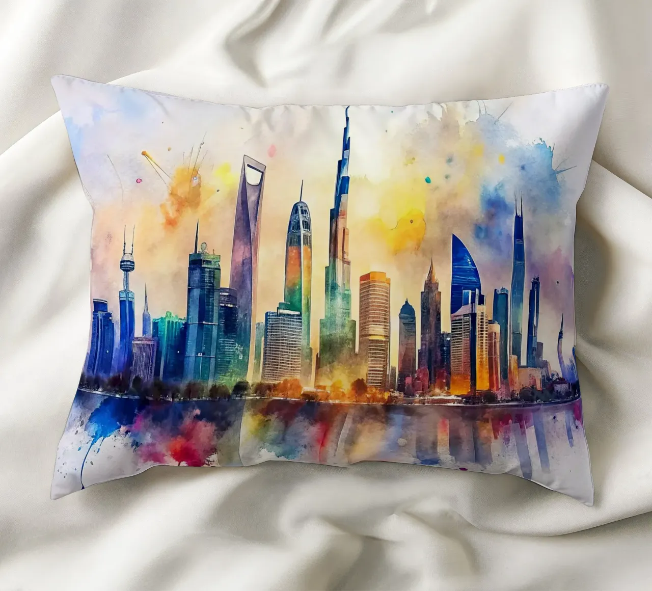 Lo skyline di Dubai in acquerello cuscino da 🎁 ARTVI-SHOP