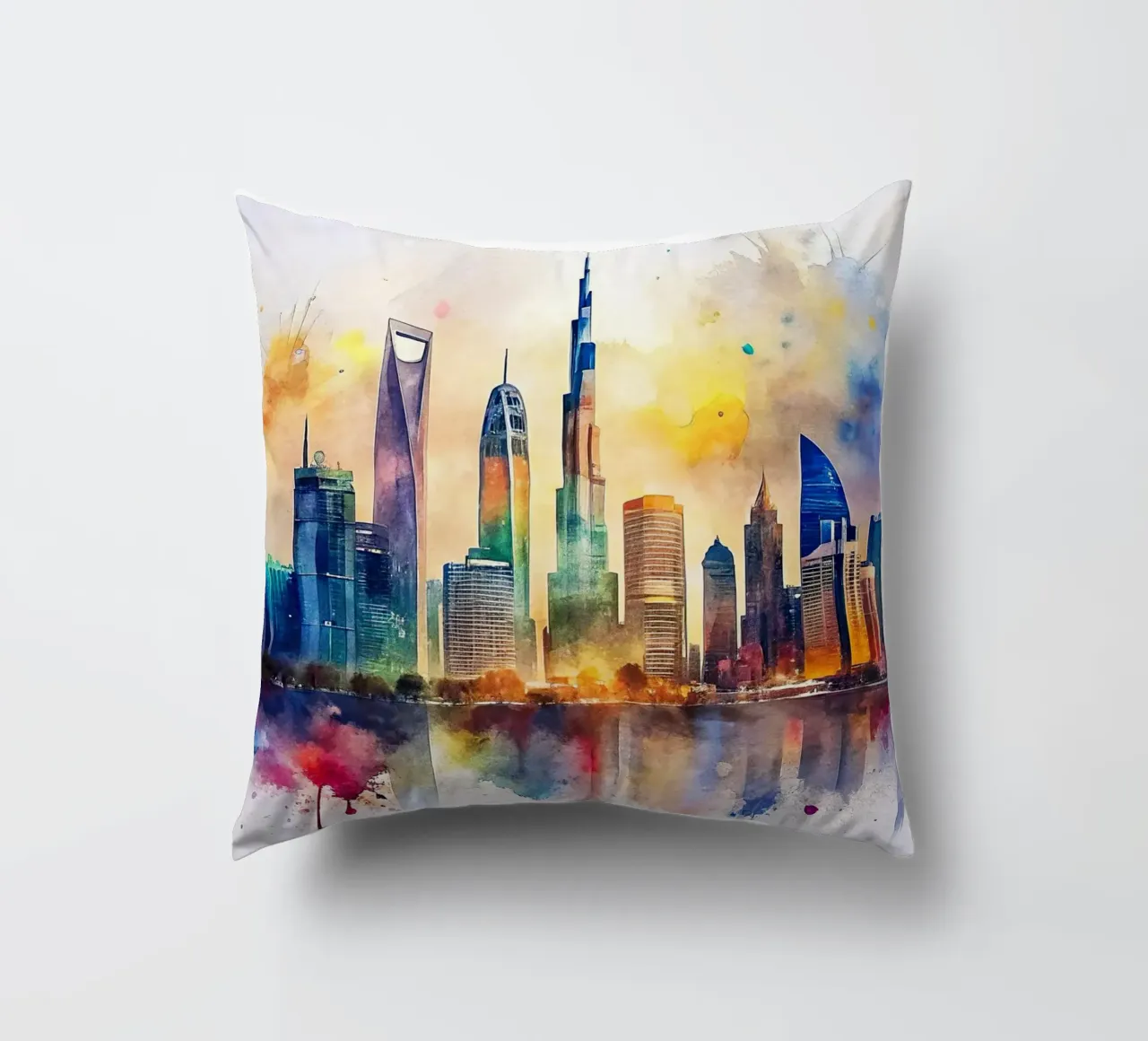 Lo skyline di Dubai in acquerello cuscino da 🎁 ARTVI-SHOP