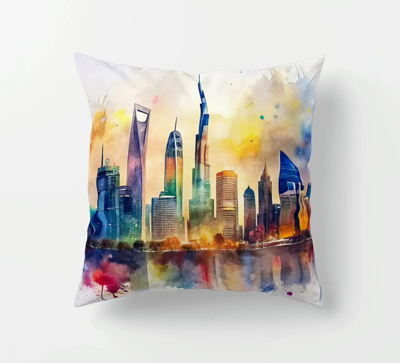 Lo skyline di Dubai in acquerello cuscino da 🎁 ARTVI-SHOP
