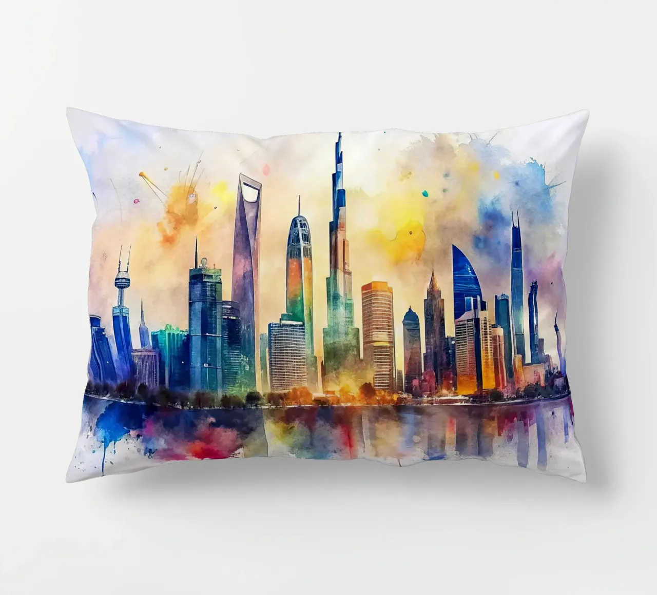Lo skyline di Dubai in acquerello cuscino da 🎁 ARTVI-SHOP