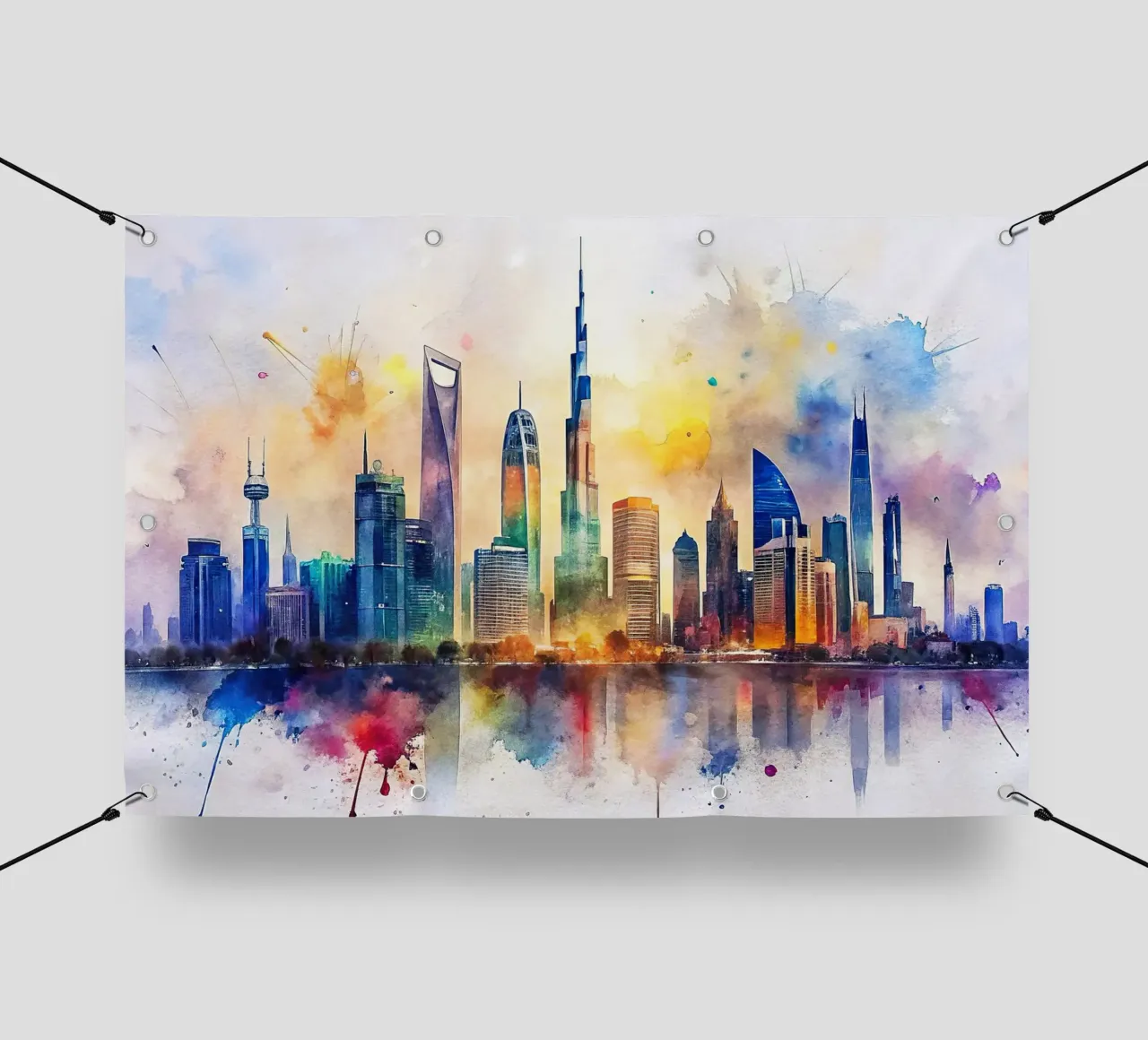 Lo skyline di Dubai in acquerello telo in pvc da 🎁 ARTVI-SHOP