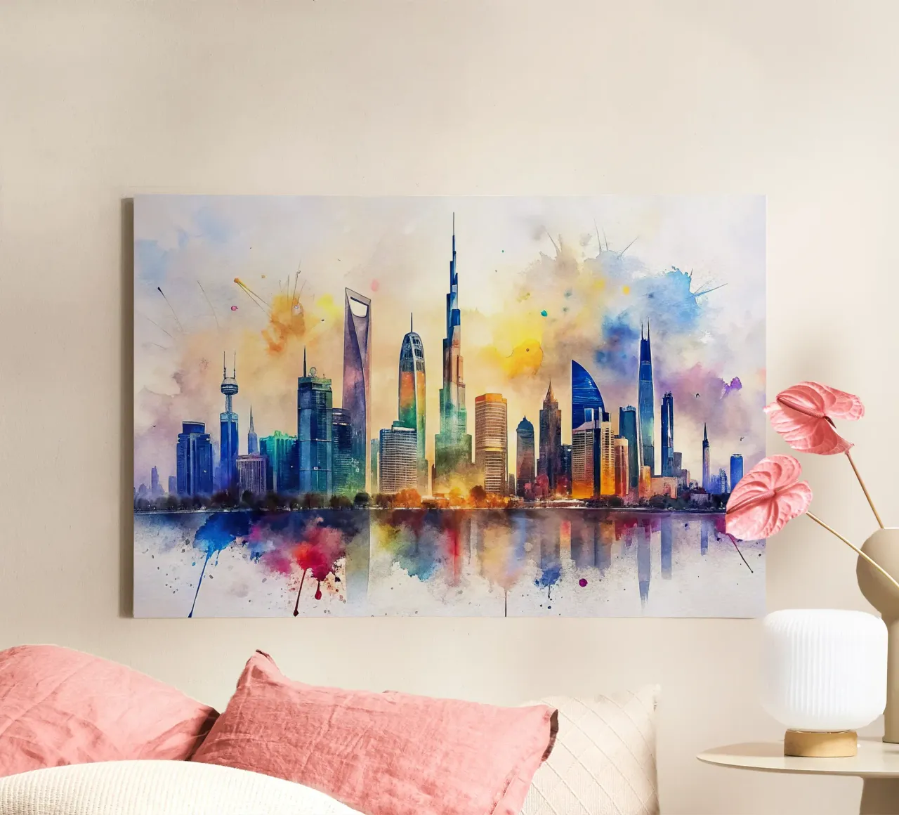 Lo skyline di Dubai in acquerello tela con Cornice a cassetta da 🎁 ARTVI-SHOP