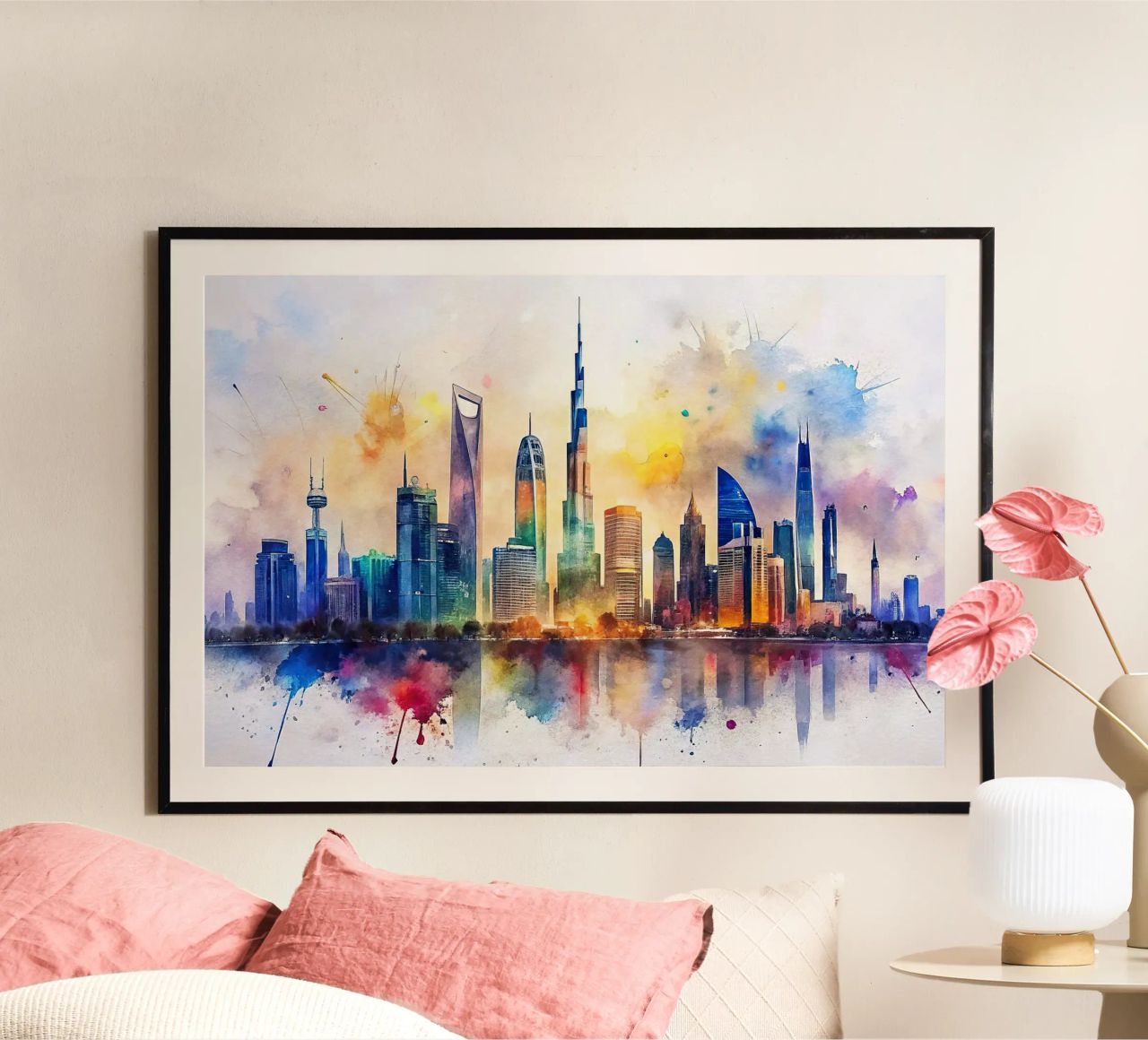 Ligne d'horizon de Dubaï en aquarelle poster de ARTVI-SHOP
