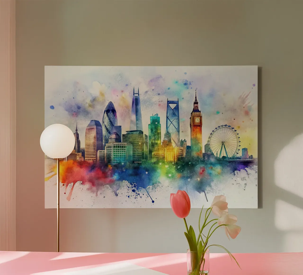 Skyline di Londra ad acquerello tela con Cornice a cassetta da 🎁 ARTVI-SHOP