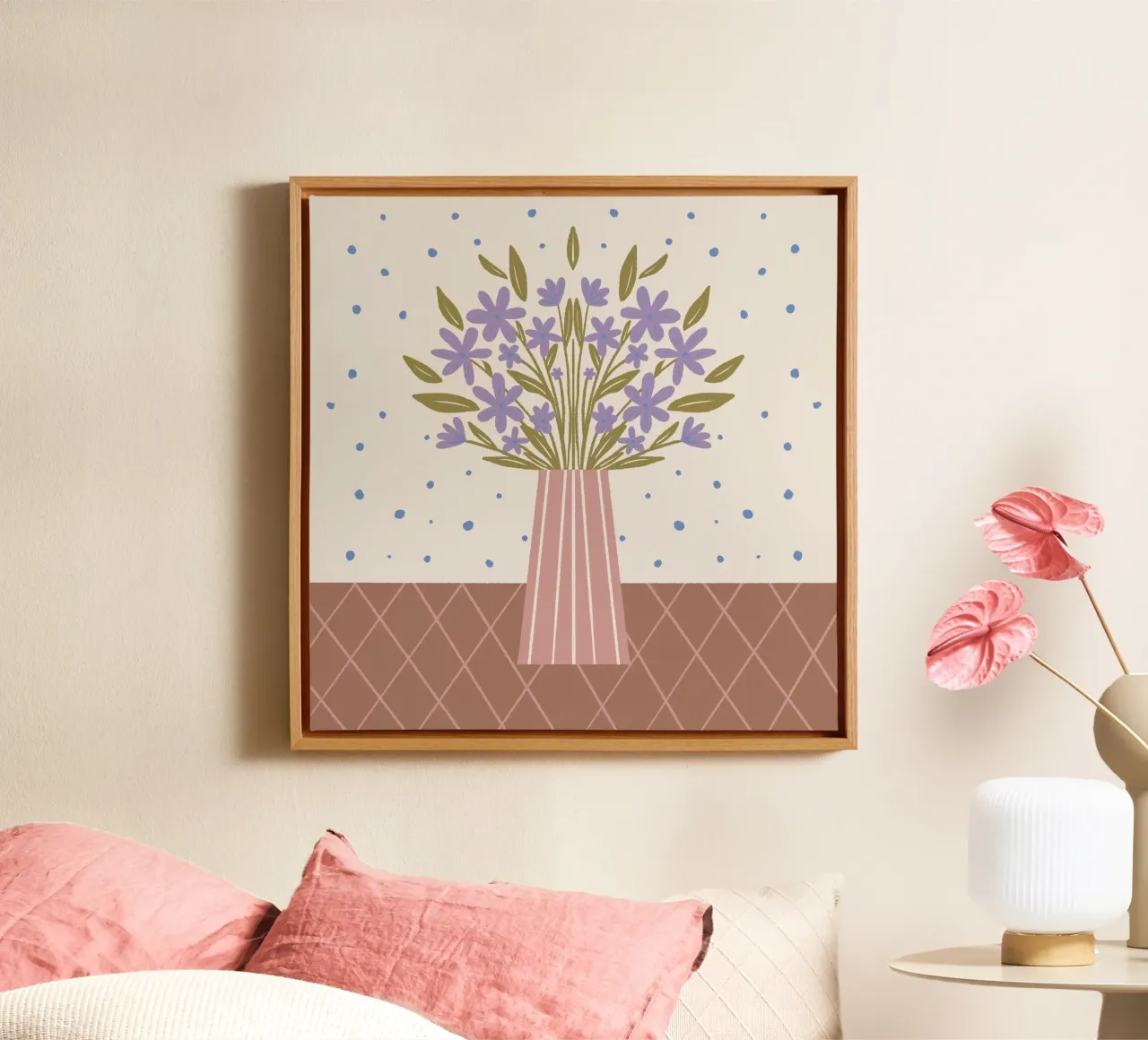 Bloemenvaas - mokkamousse en viooltje canvas met Baklijst van Wackapacka
