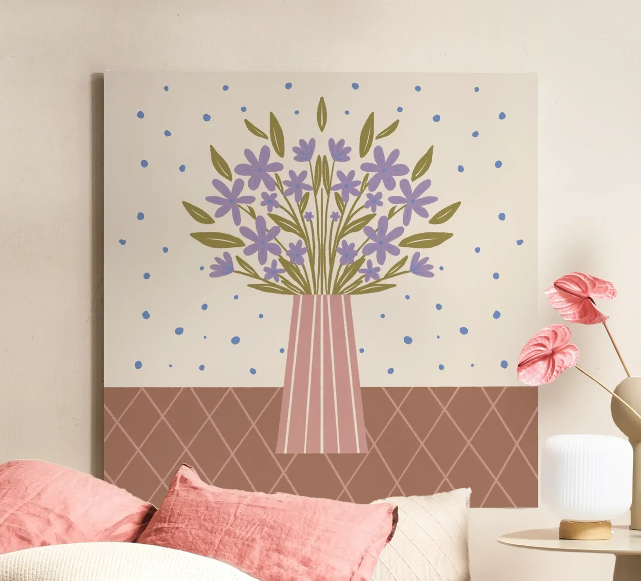 Bloemenvaas - mokkamousse en viooltje canvas met Baklijst van Wackapacka