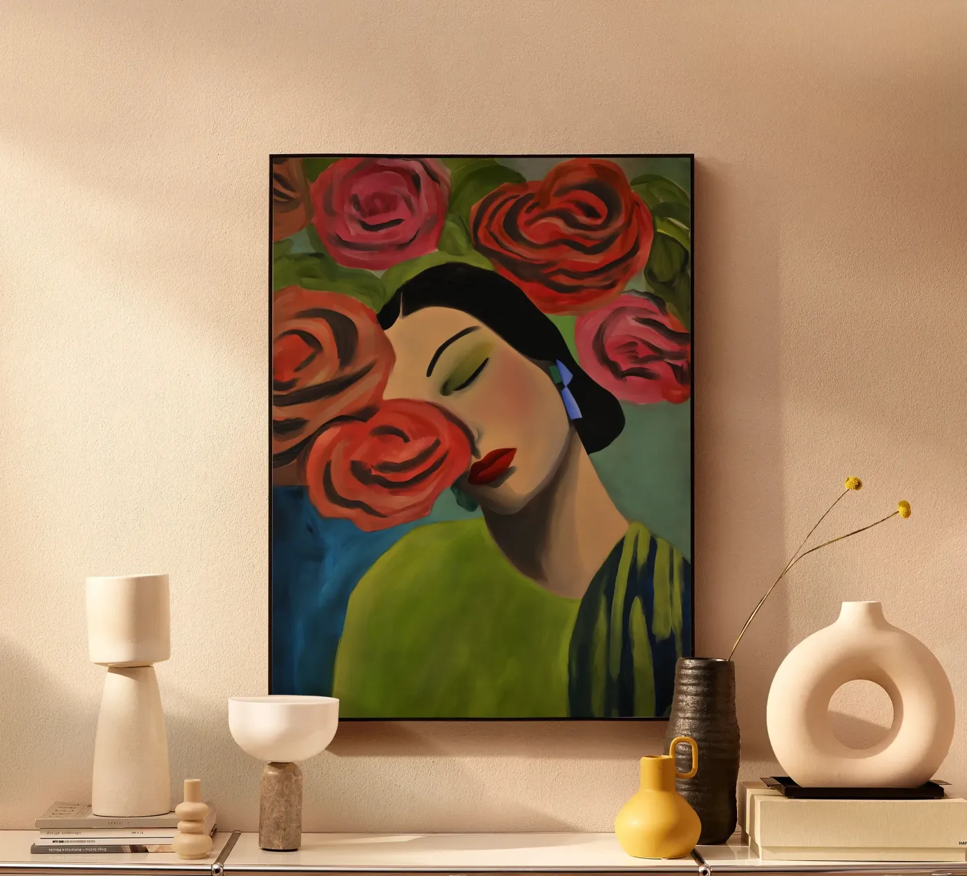 Portrait Spanish woman with red roses | Painting Forex-Platte von Autofocus