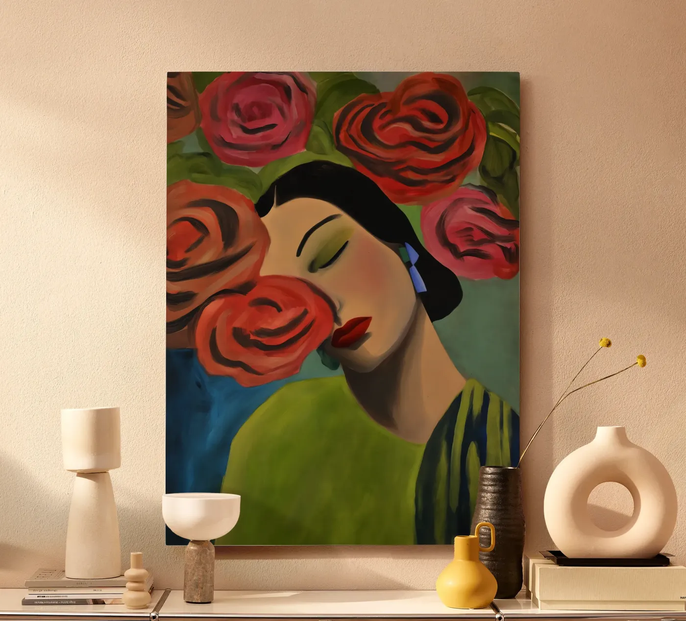 Portrait Spanish woman with red roses | Painting Forex-Platte von Autofocus