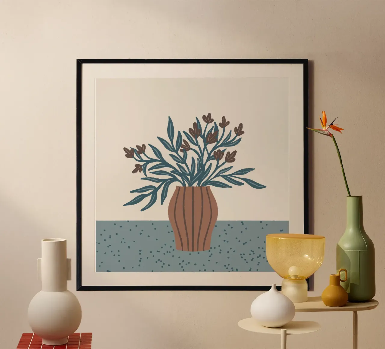 Braune Blumen in einer Vase - Minimalistisches Blumenstillleben Poster von Wackapacka