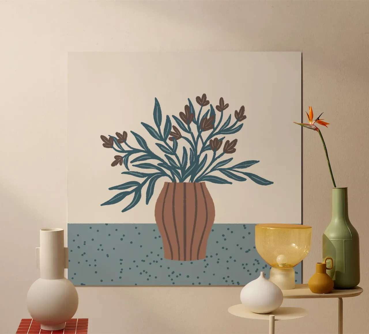 Braune Blumen in einer Vase - Minimalistisches Blumenstillleben Poster von Wackapacka