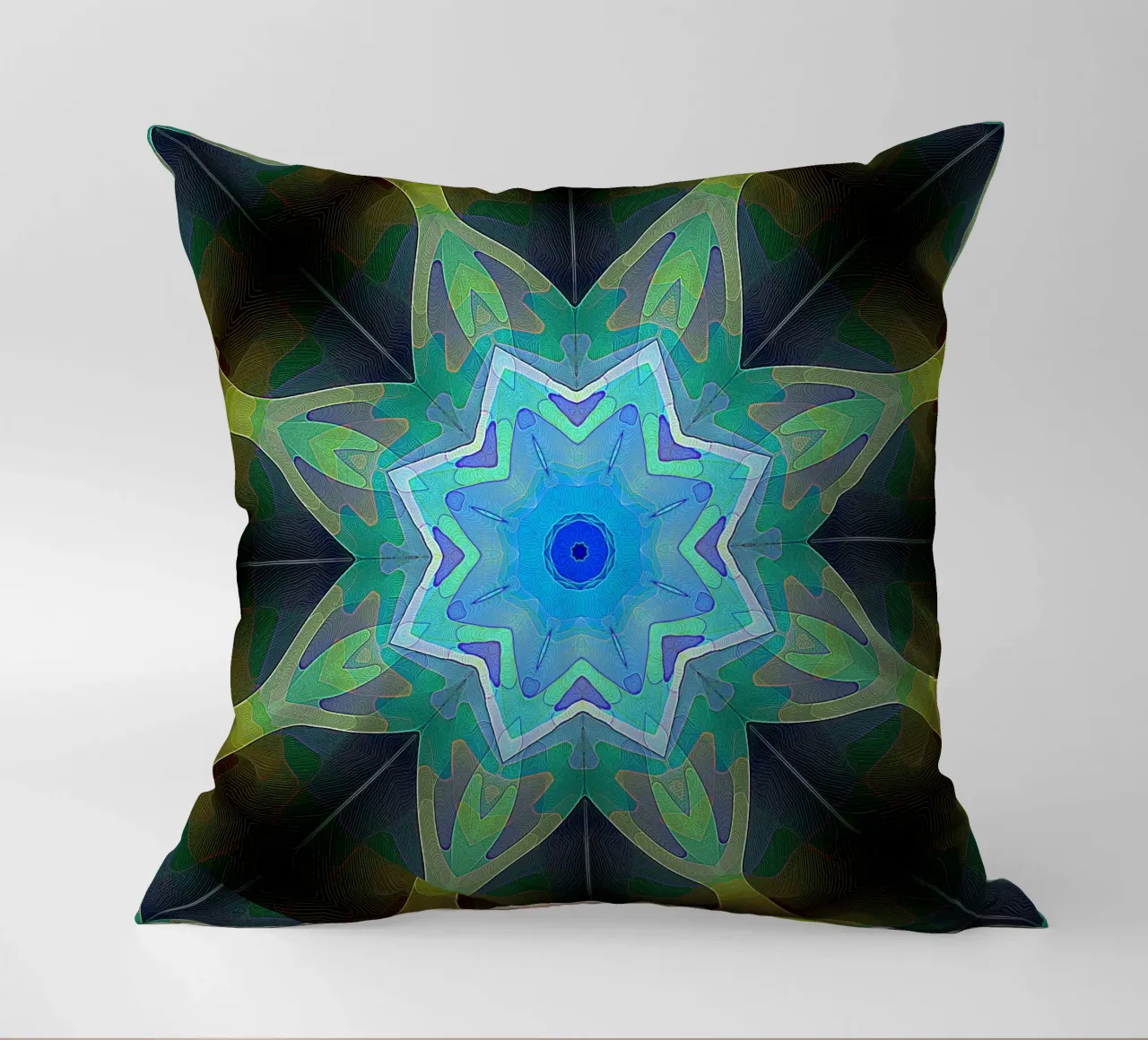 Bright blue star framed by patterned leaf shapes decorative cushion by Gürsel Yesil Digital Art