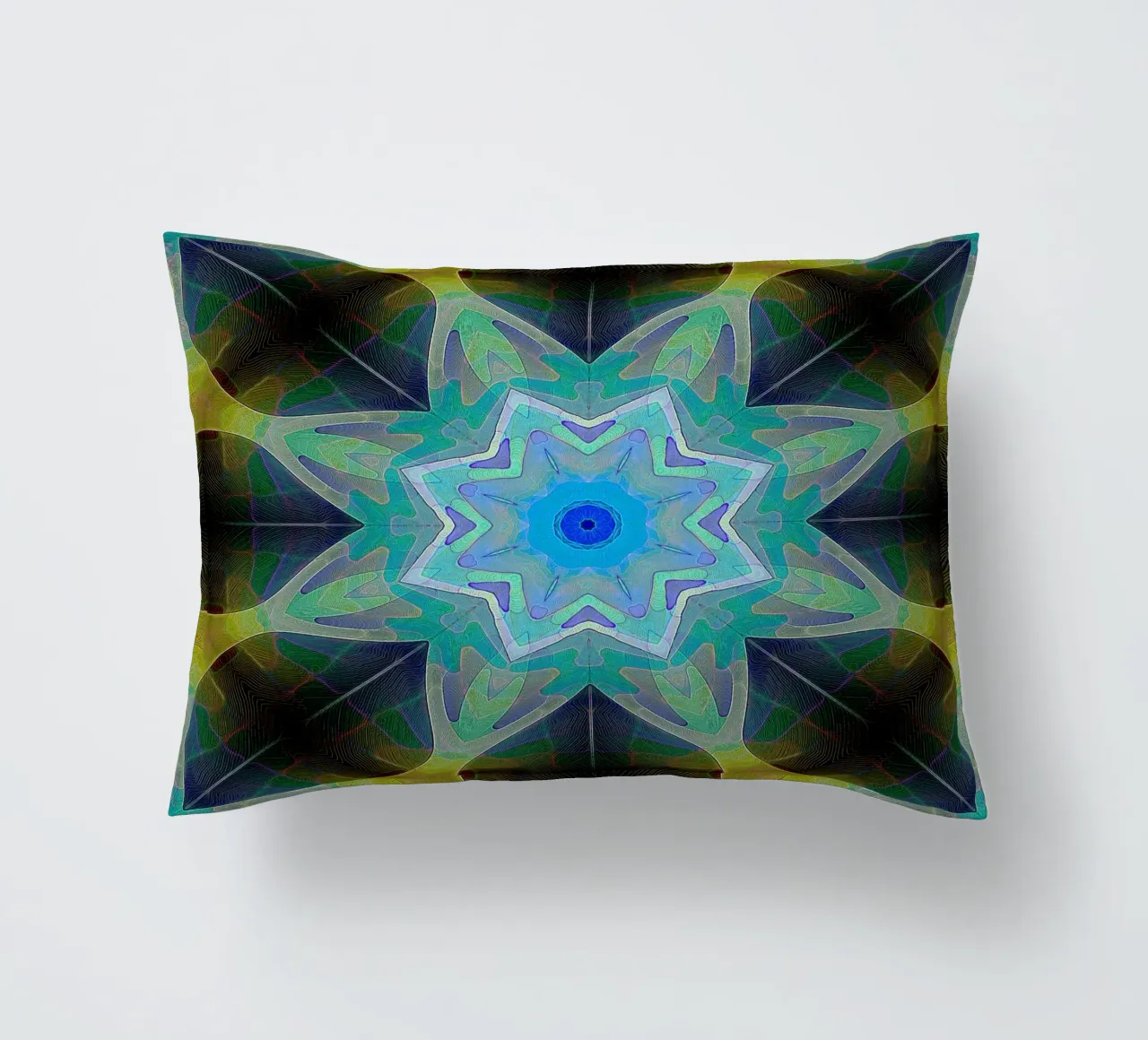 Bright blue star framed by patterned leaf shapes decorative cushion by Gürsel Yesil Digital Art