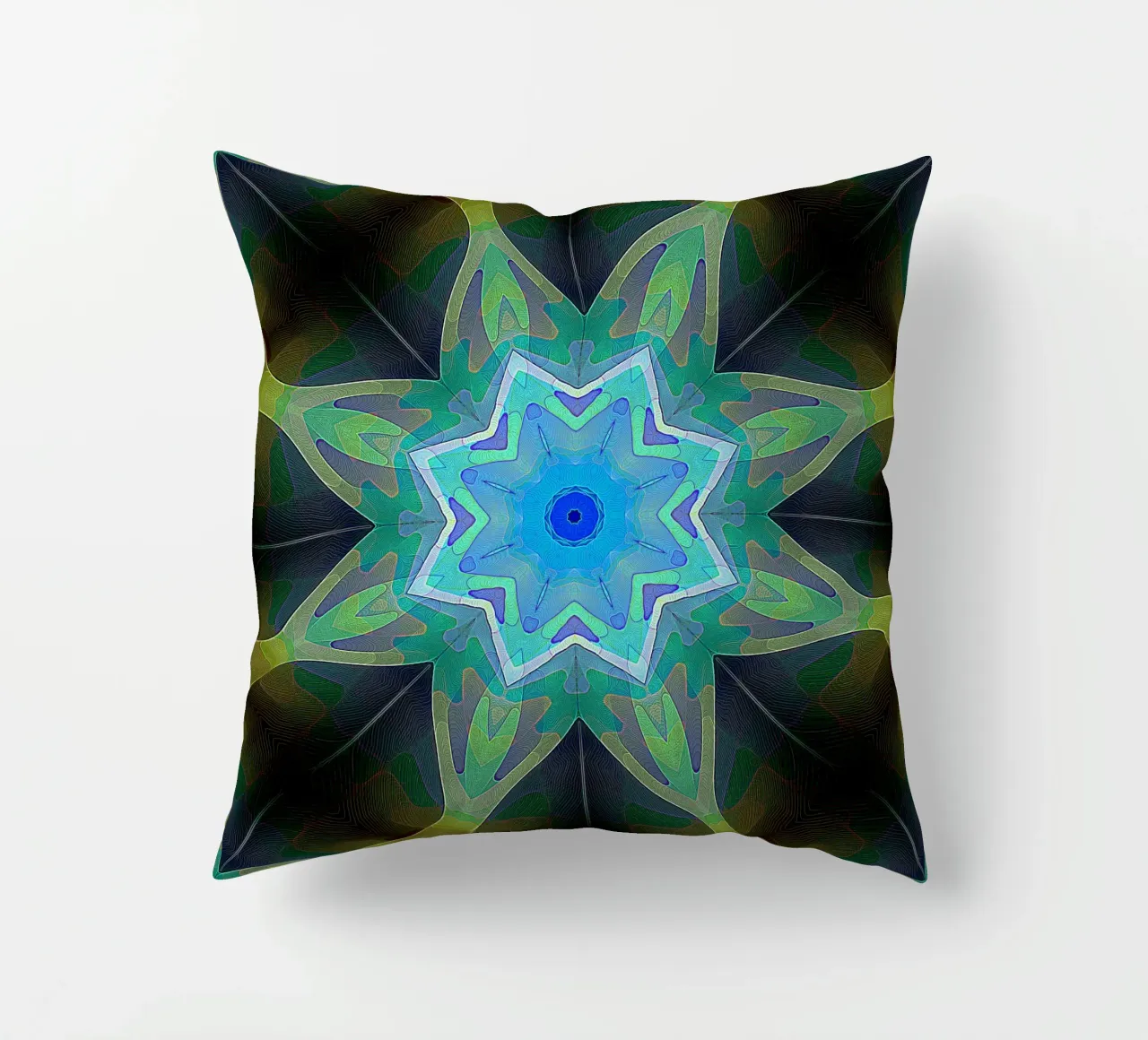 Bright blue star framed by patterned leaf shapes decorative cushion by Gürsel Yesil Digital Art