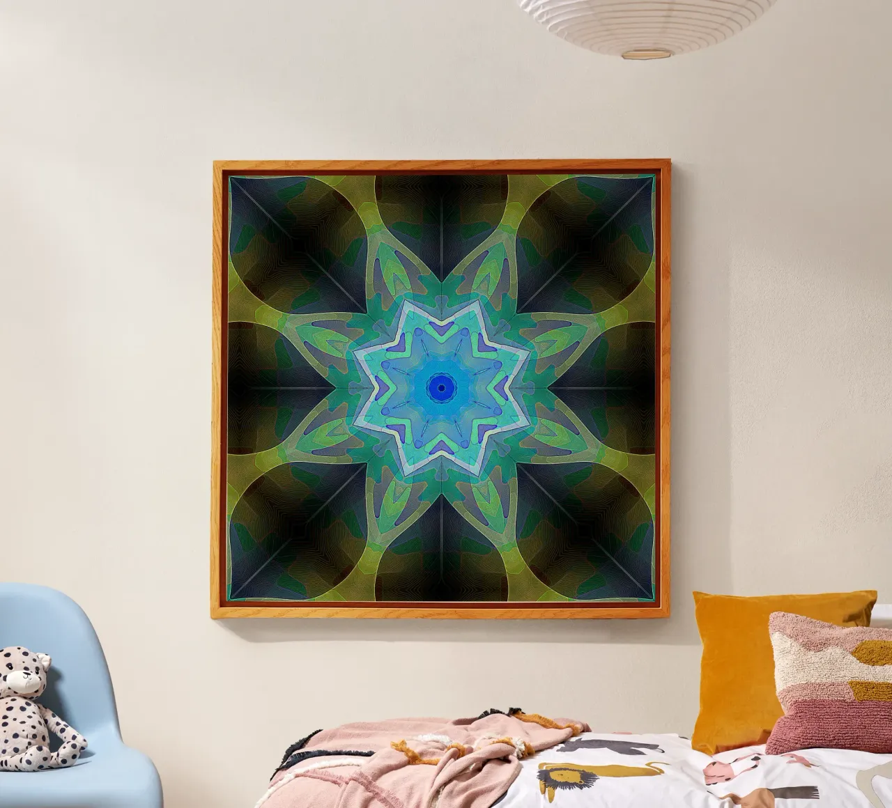 Étoile bleue brillante encadrée de formes de feuilles à motifs plexiglas de Gürsel Yesil Digital Art