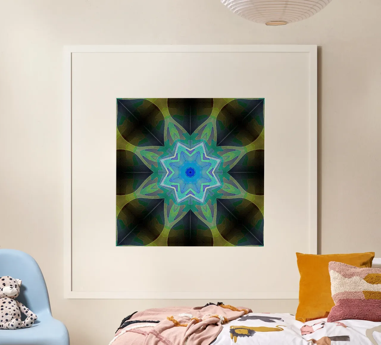 Étoile bleue brillante encadrée de formes de feuilles à motifs poster avec cadre en plastique de Gürsel Yesil Digital Art