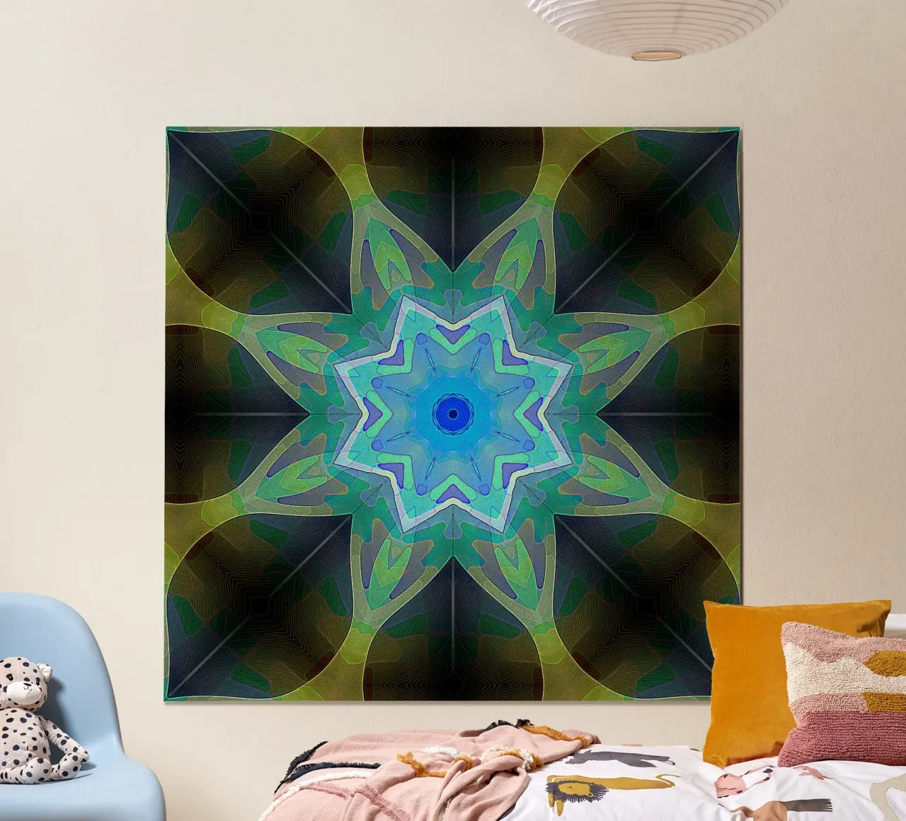Étoile bleue brillante encadrée de formes de feuilles à motifs poster avec cadre en plastique de Gürsel Yesil Digital Art