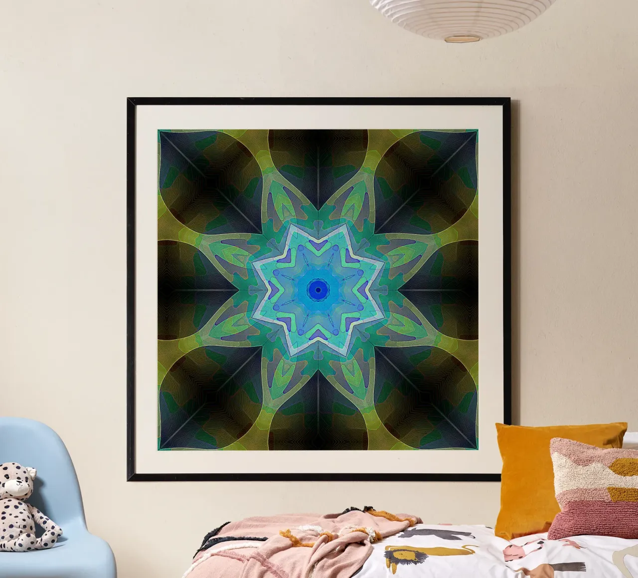 Étoile bleue brillante encadrée de formes de feuilles à motifs poster avec cadre en plastique de Gürsel Yesil Digital Art