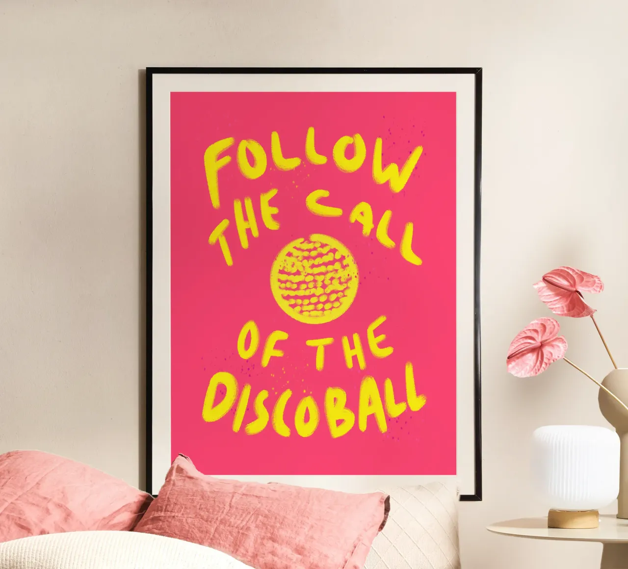 Follow the Call of the Discoball poster con telaio in plastica da Illustration Raissa Oltmanns