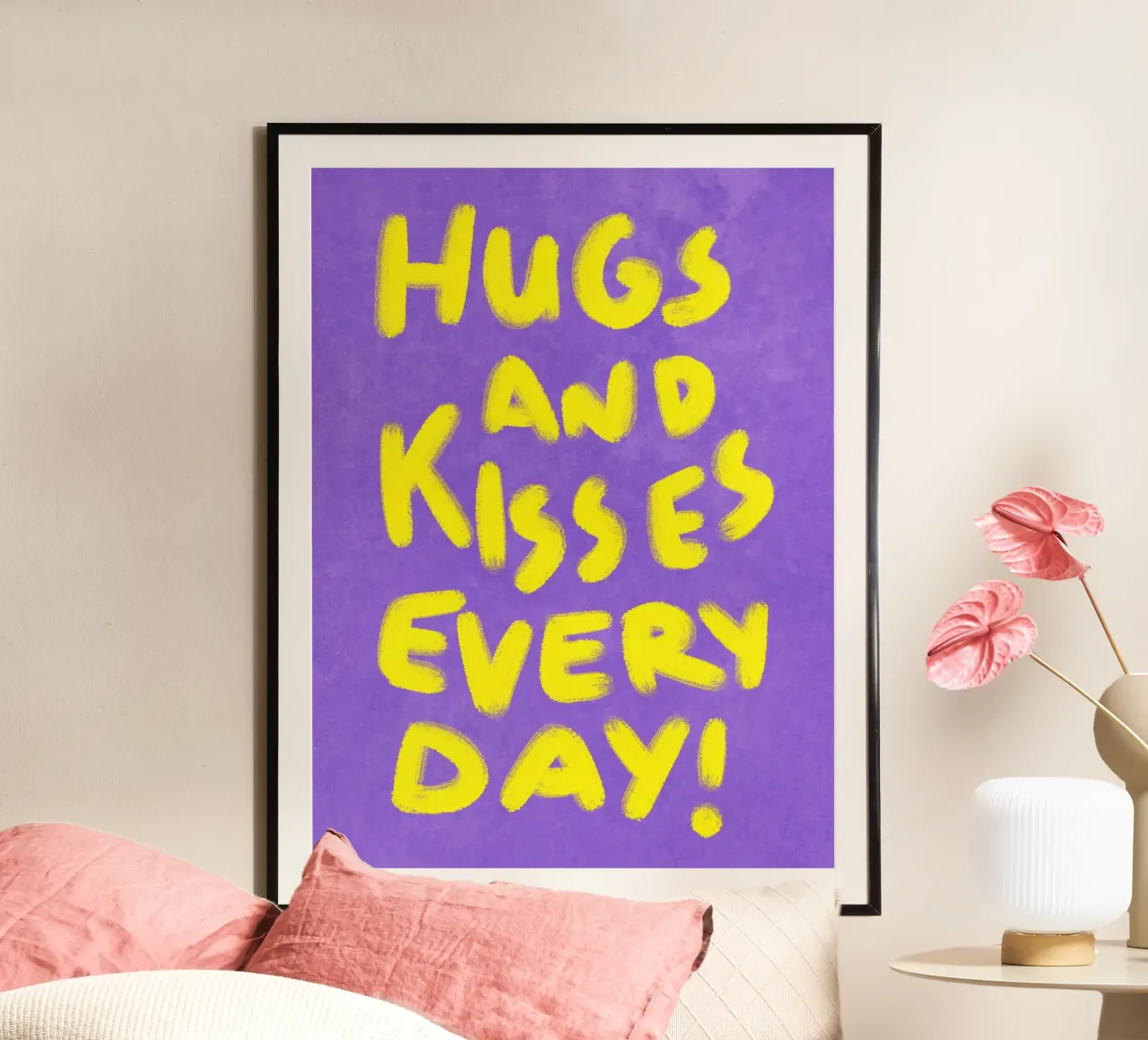Hugs and Kisses every day - handlettering poster con telaio in legno da Illustration Raissa Oltmanns