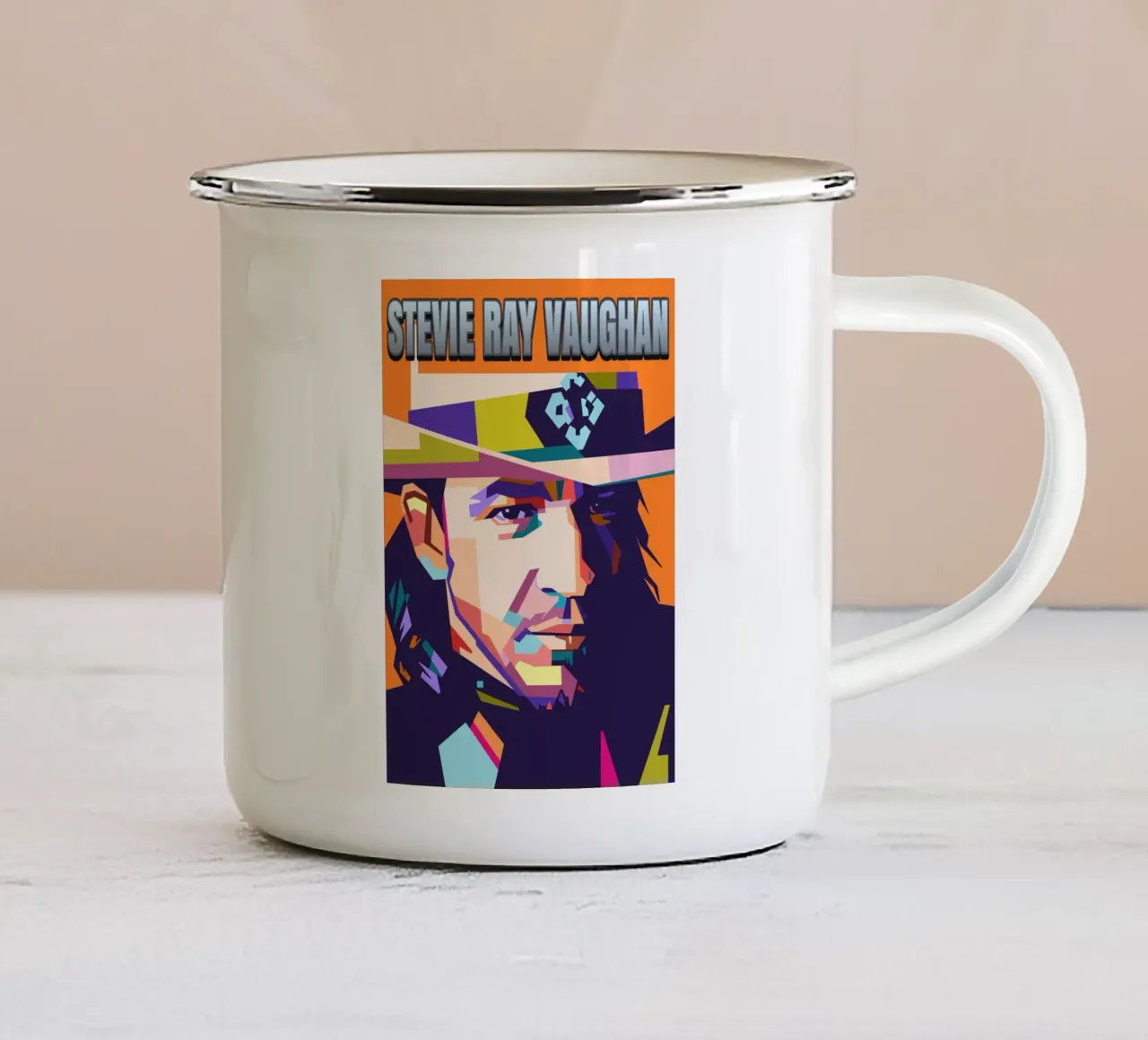 Ritratto pop art di Stevie Ray Vaughan tazza in smalto da Hantamrata