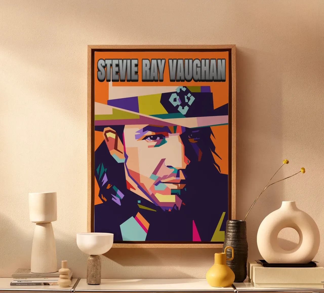 Stevie Ray Vaughan Pop-Art-Porträt Leinwand mit Schattenfugenrahmen von Hantamrata