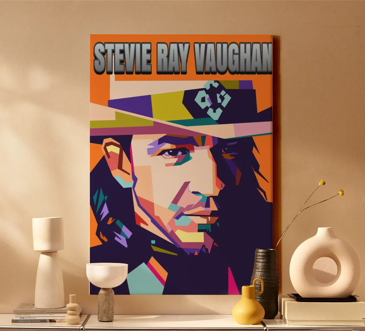 Stevie Ray Vaughan Pop-Art-Porträt Leinwand mit Schattenfugenrahmen von Hantamrata