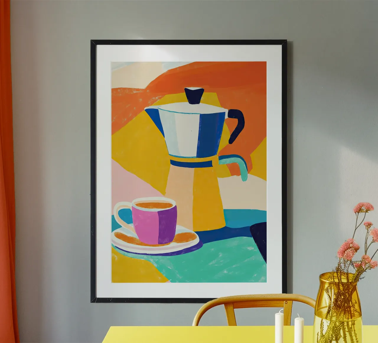 Kaffeekanne im Matisse-Stil – Gouache-Kunst in Pastell Poster von Nikis Art Studio
