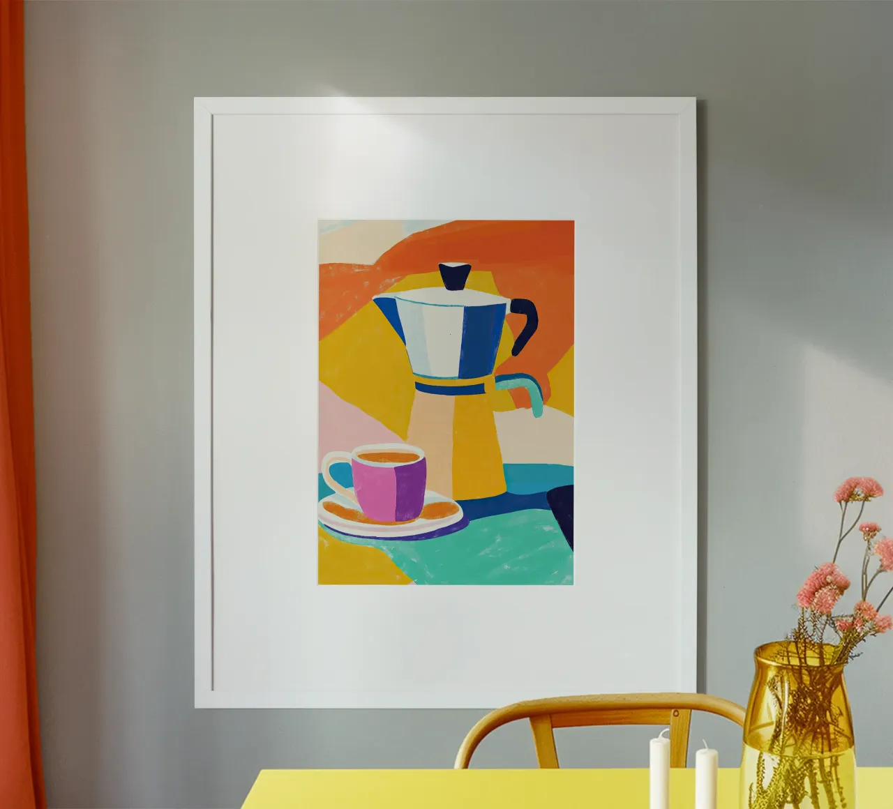Kaffeekanne im Matisse-Stil – Gouache-Kunst in Pastell Poster von Nikis Art Studio