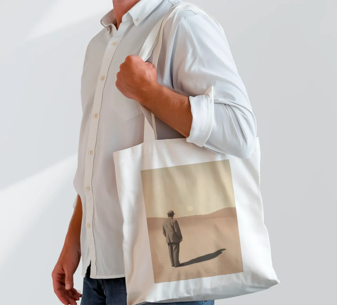 Shadow in the desert - Minimalist scene with man tote bag by Nikis Art Studio